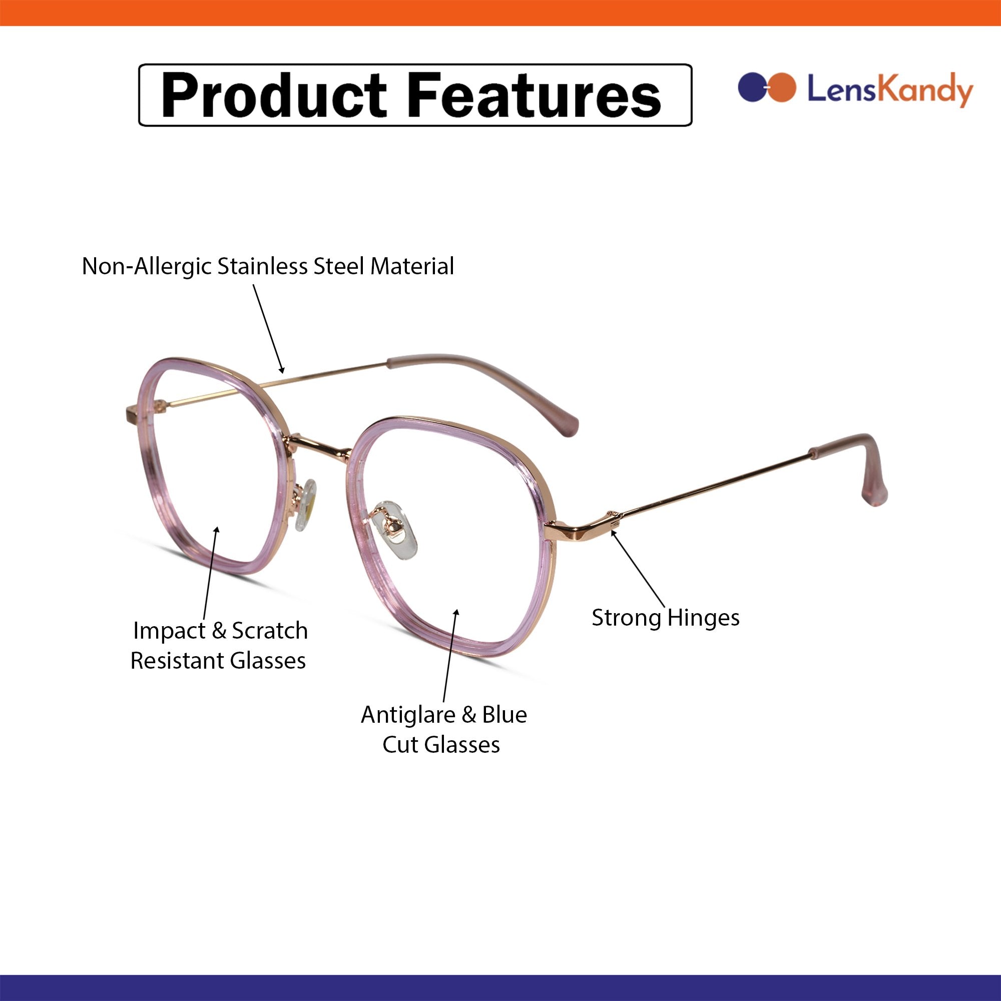 Pink Full rim Hexagonal Eyeglasses For Women