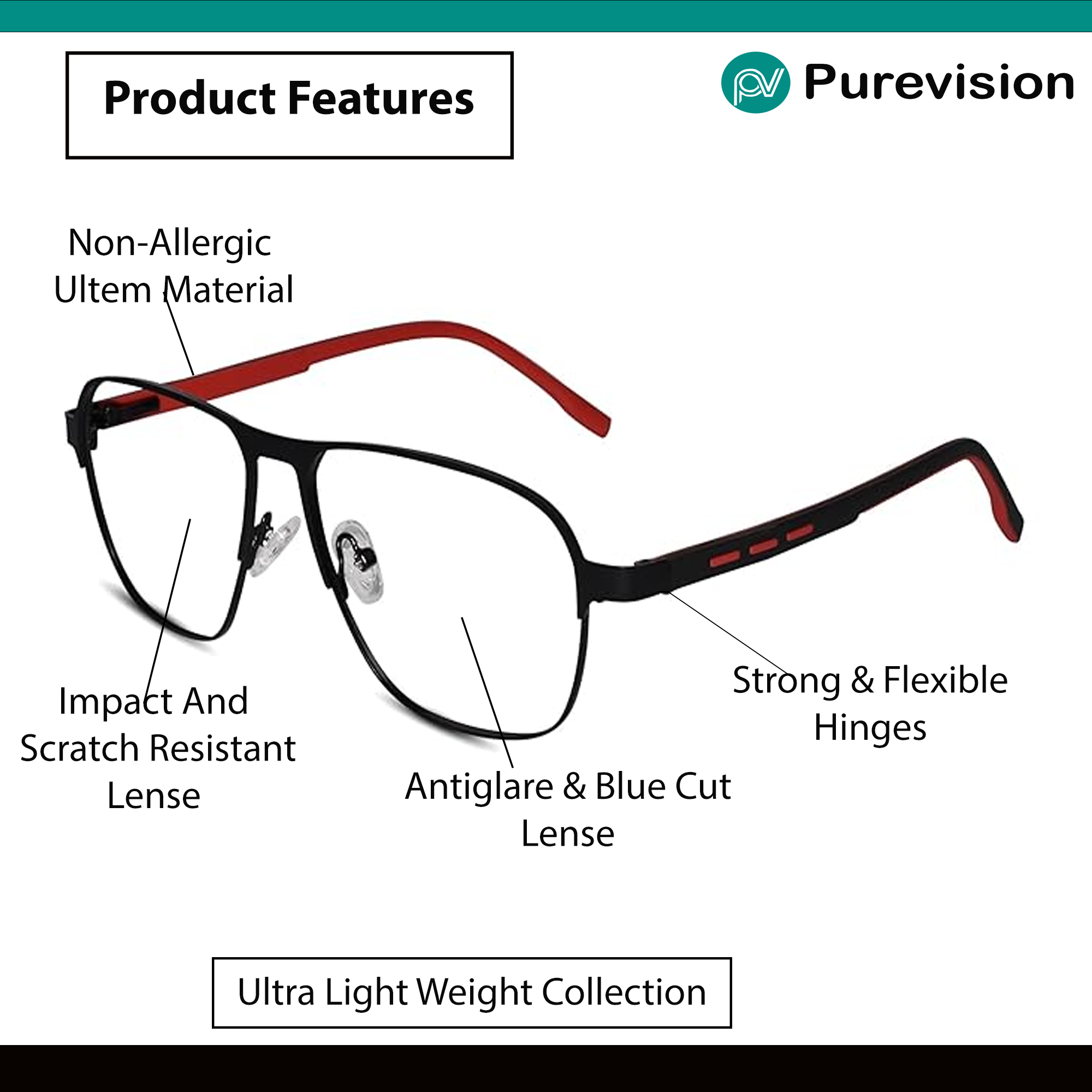 Black-Red Rectangular Marcel Progressive Reading Glasses For Men