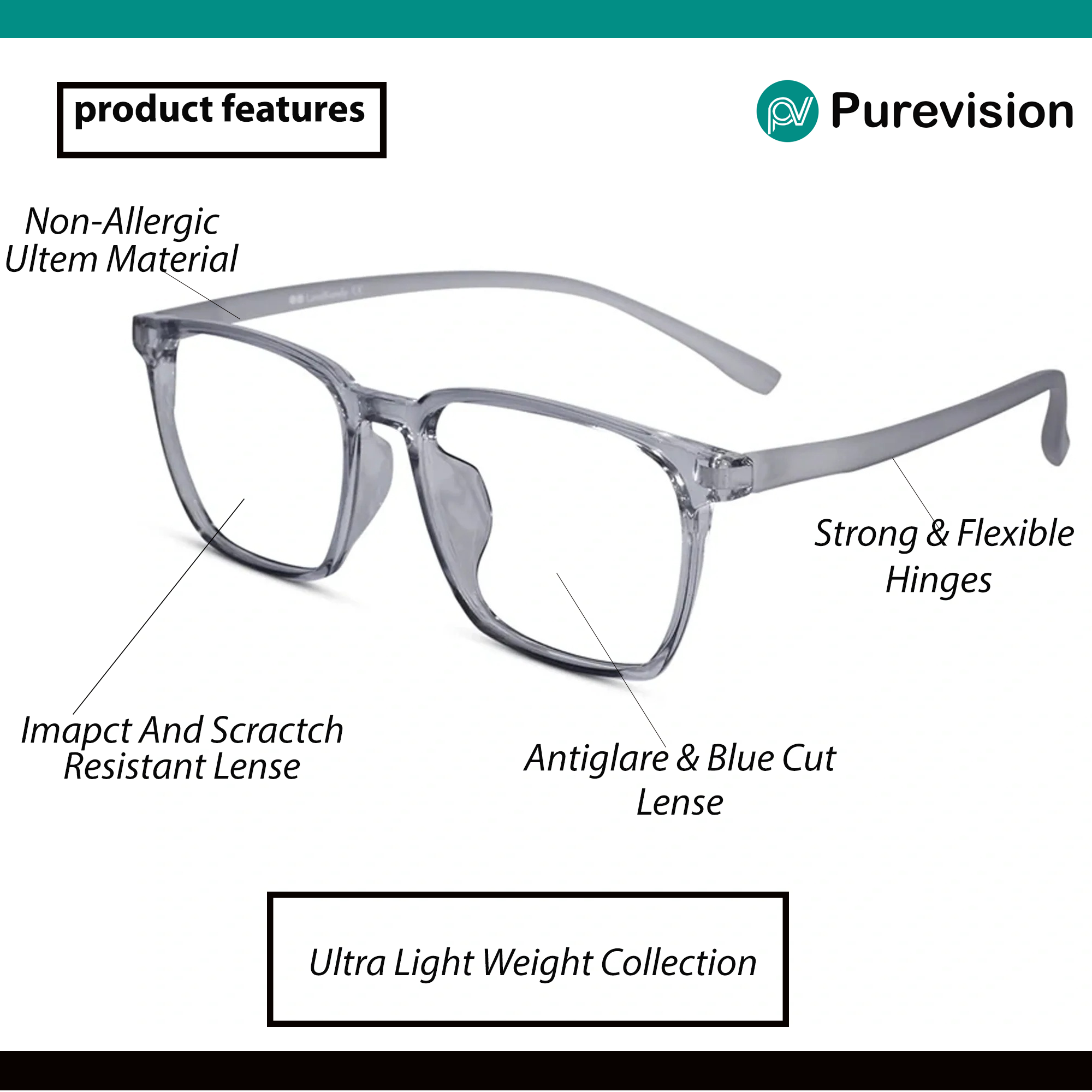 Light Weight Transparent Rectangular Progressive Reading Glasses for Men & Women
