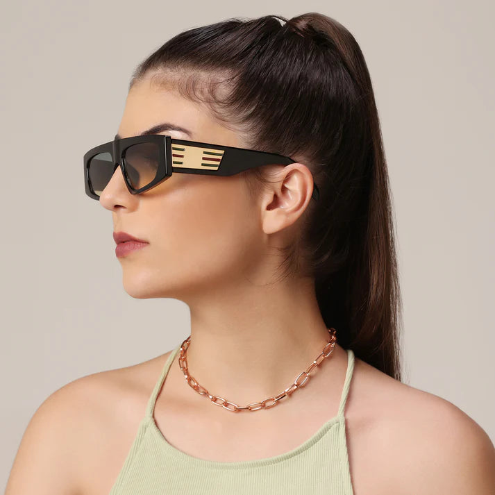 Designer Black Retro Bold Rectangular Black Sunglasses
