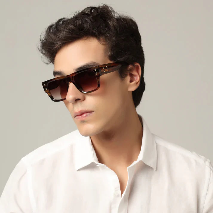 Stylish Bold Black with Green Tint Rectangular Sunglasses