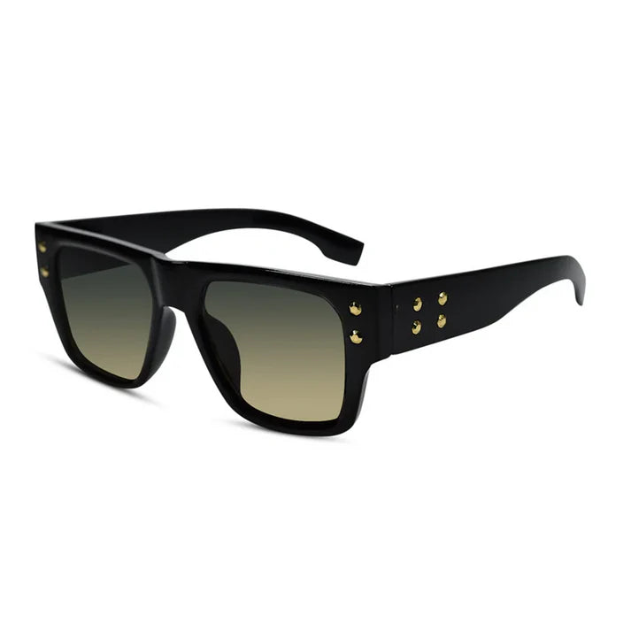 Stylish Bold Black with Green Tint Rectangular Sunglasses