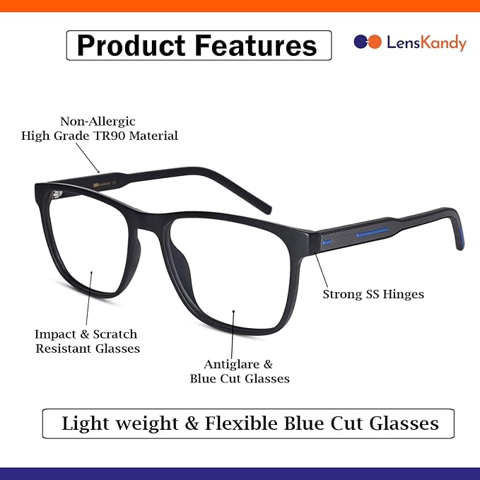 Rectangular Computer Glasses for Eye Protection | Antiglare & Blue Cut Glasses | Scratch Resistant | UV Protection | Men & Women | Large | 2804