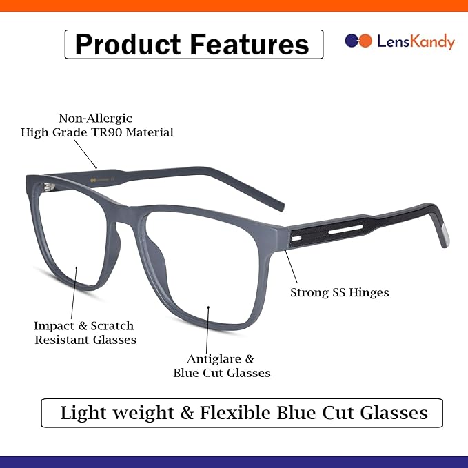Rectangular Computer Glasses for Eye Protection | Antiglare & Blue Cut Glasses | Scratch Resistant | UV Protection | Men & Women | Large | 2804