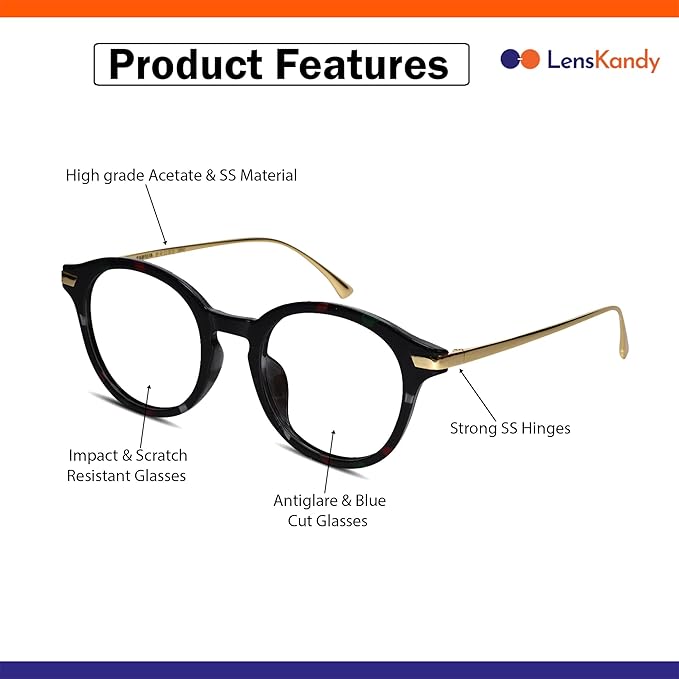 Round Computer Glasses for Eye Protection | Antiglare & Blue Cut Glasses | Scratch Resistant | UV Protection | Men & Women | Large