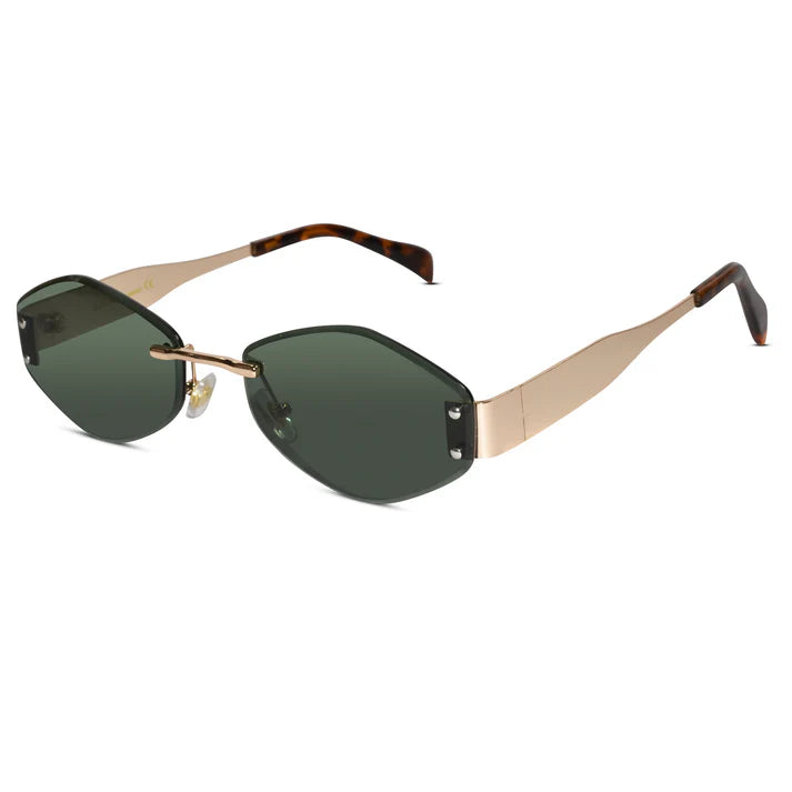Hexa Gold Green Rimless Sunglasses