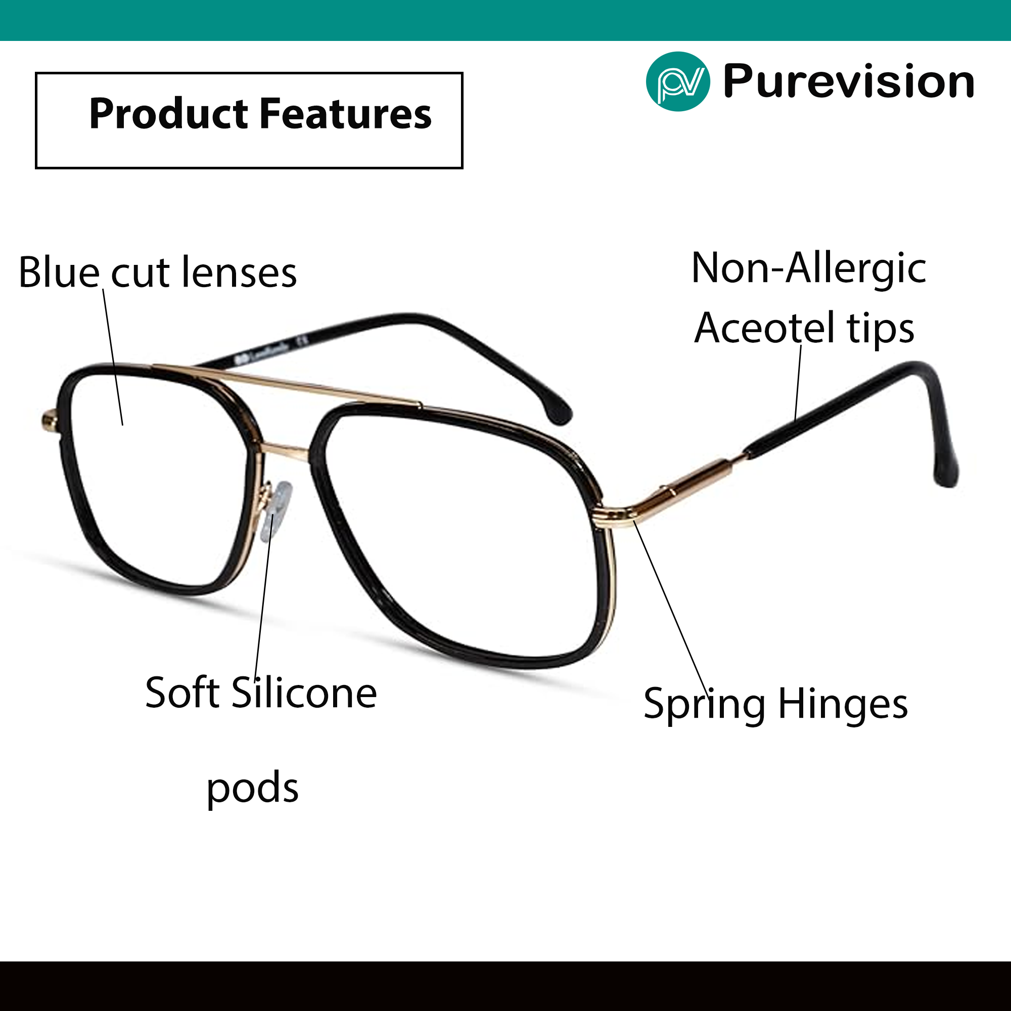 Golden-Black  Rectangular Bi-Focal Reading Glasses For Men